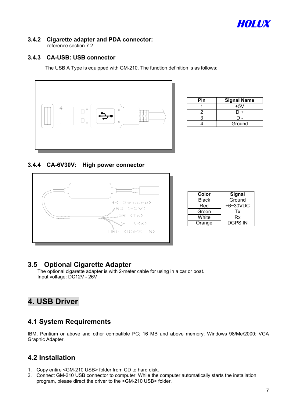 Holux, Usb driver, 5 optional cigarette adapter | 1 system requirements, 2 installation | Holux GM-210 User Manual | Page 7 / 14