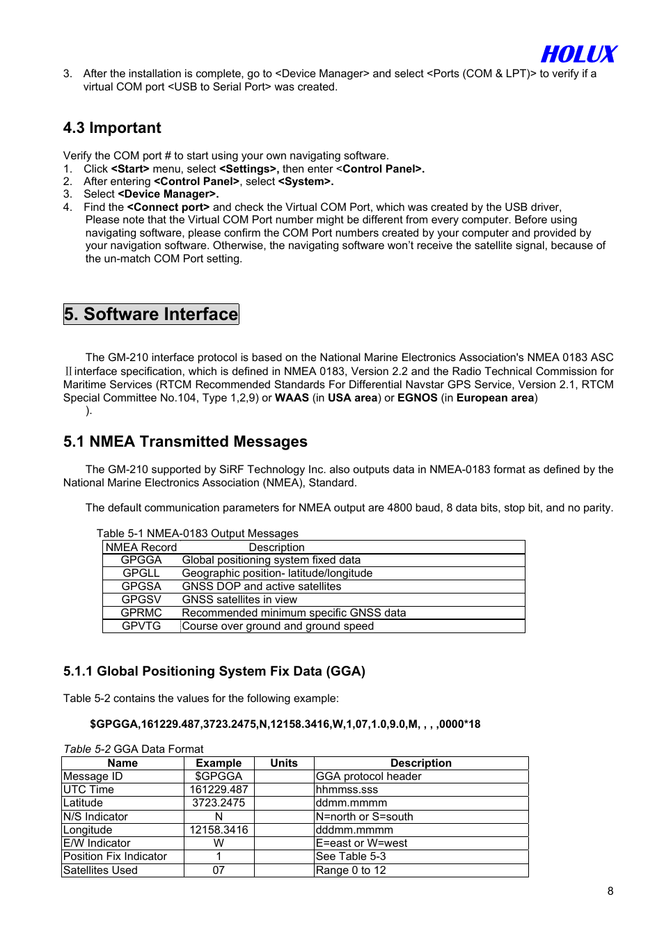 Holux, Software interface, 3 important | 1 nmea transmitted messages | Holux GM-210 User Manual | Page 8 / 14