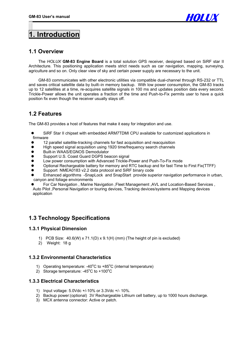 Introduction, 1 overview, 2 features | 3 technology specifications | Holux GM-83 User Manual | Page 3 / 14