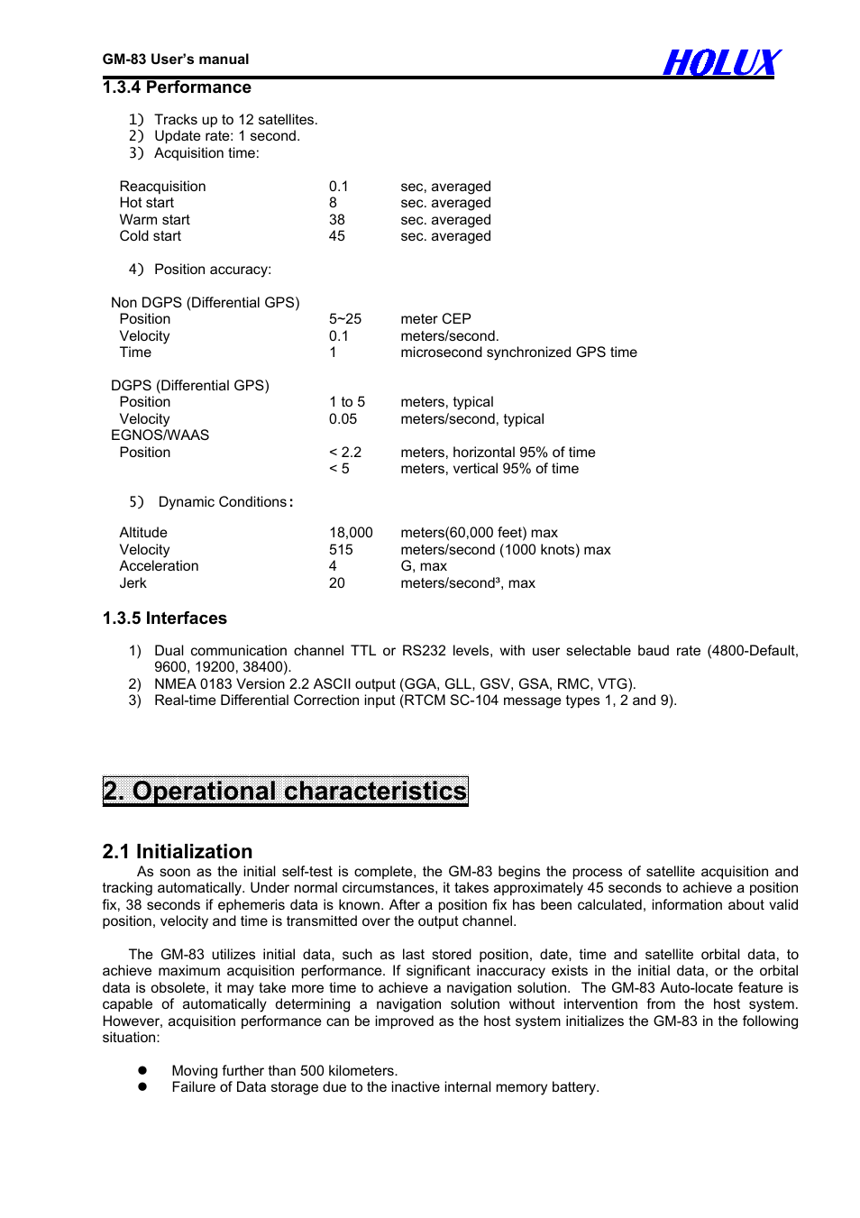 Operational characteristics, 1 initialization | Holux GM-83 User Manual | Page 4 / 14