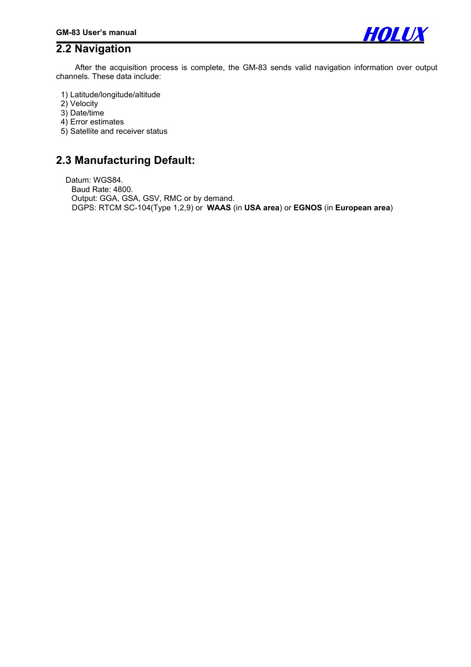 2 navigation, 3 manufacturing default | Holux GM-83 User Manual | Page 5 / 14