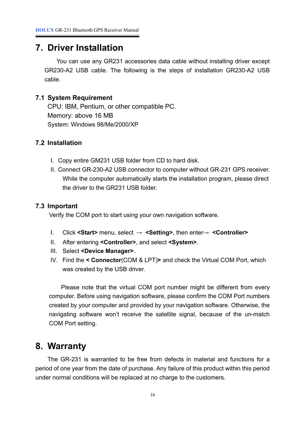 Driver installation, Warranty | Holux GR-231 User Manual | Page 16 / 18