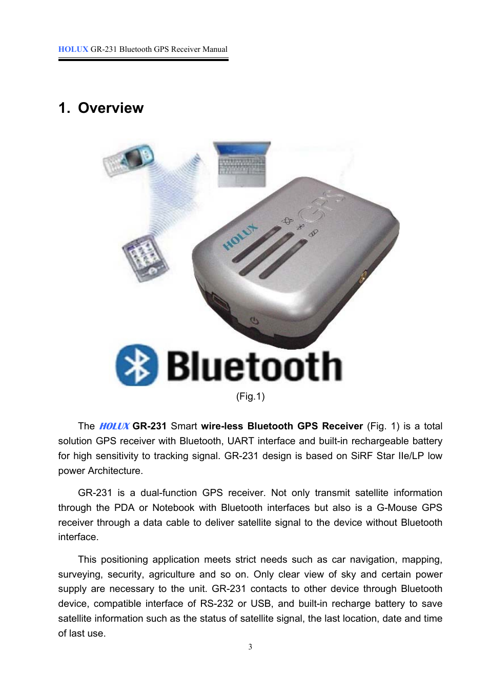 Overview | Holux GR-231 User Manual | Page 3 / 18