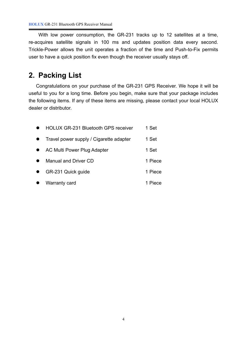 Packing list | Holux GR-231 User Manual | Page 4 / 18