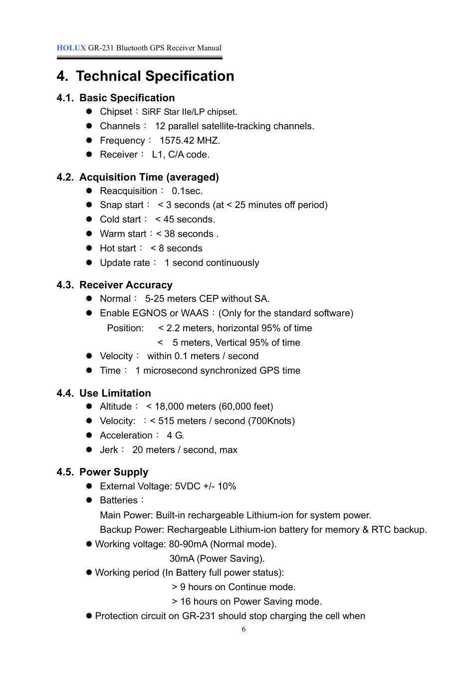 Technical specification | Holux GR-231 User Manual | Page 6 / 18