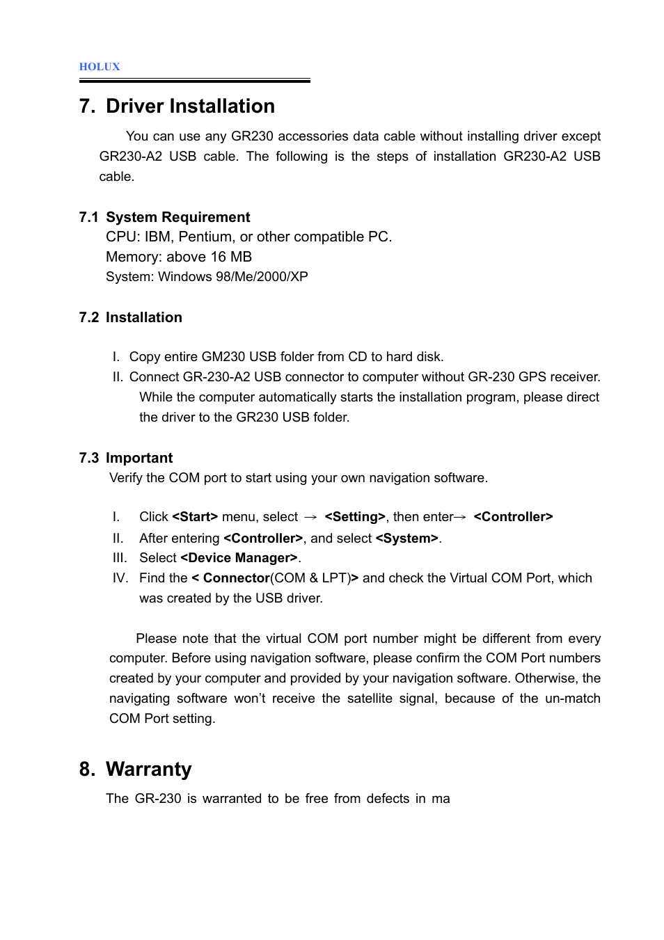 Driver installation, Warranty | Holux GR-230 User Manual | Page 16 / 18