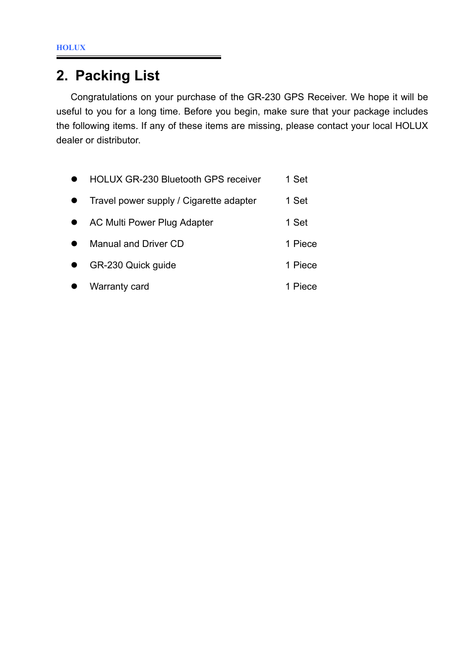 Packing list | Holux GR-230 User Manual | Page 4 / 18