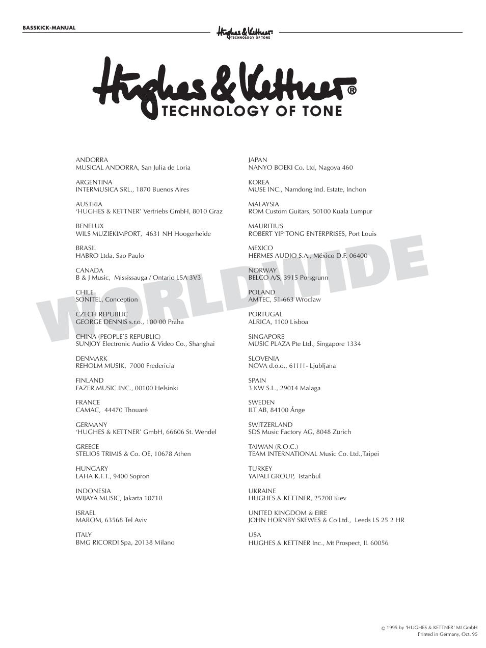 World wide | Hughes & Kettner 140 WATT BASSAMPLIFIER Bass Kick 101 User Manual | Page 16 / 16