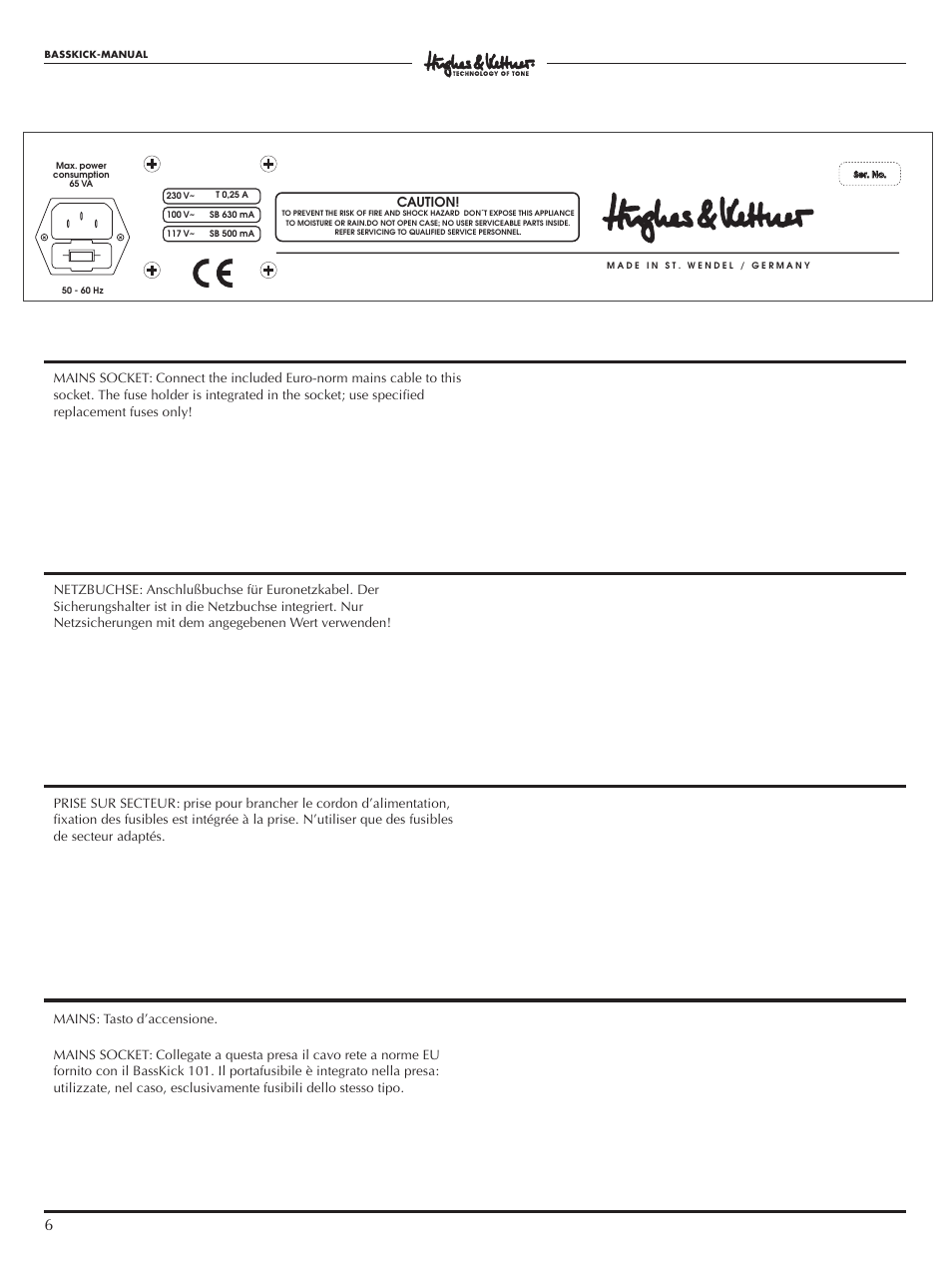 Caution | Hughes & Kettner 140 WATT BASSAMPLIFIER Bass Kick 101 User Manual | Page 6 / 16