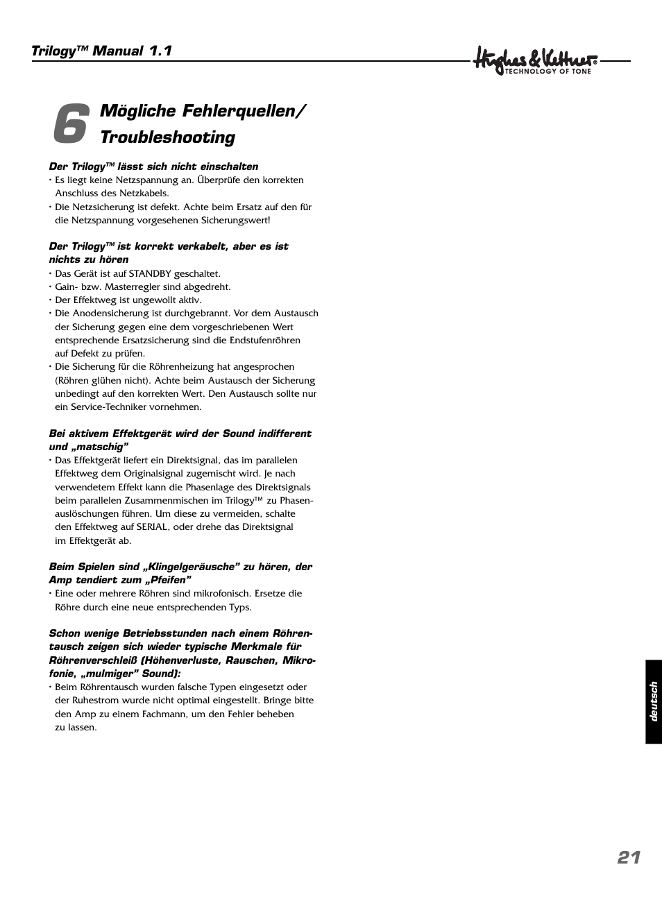 Mögliche fehlerquellen/ troubleshooting | Hughes & Kettner TrilogyTM User Manual | Page 21 / 56