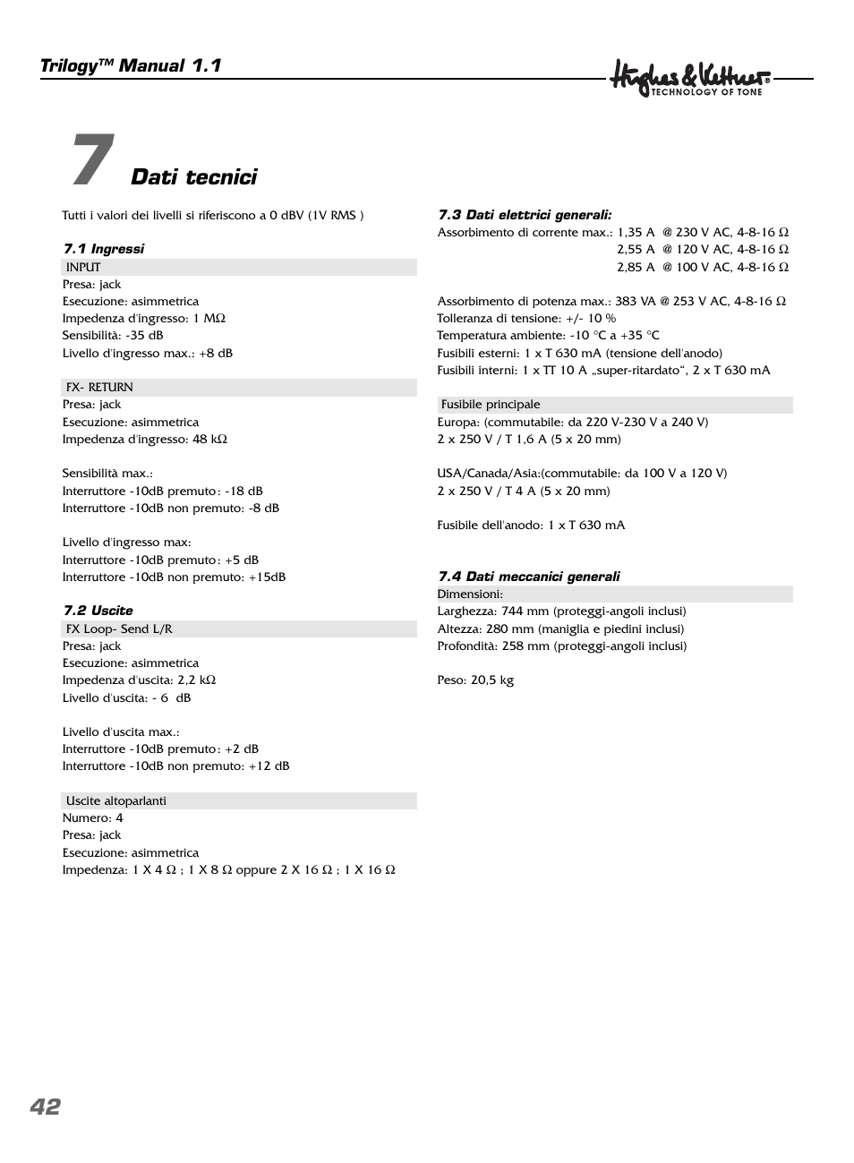 Dati tecnici | Hughes & Kettner TrilogyTM User Manual | Page 42 / 56