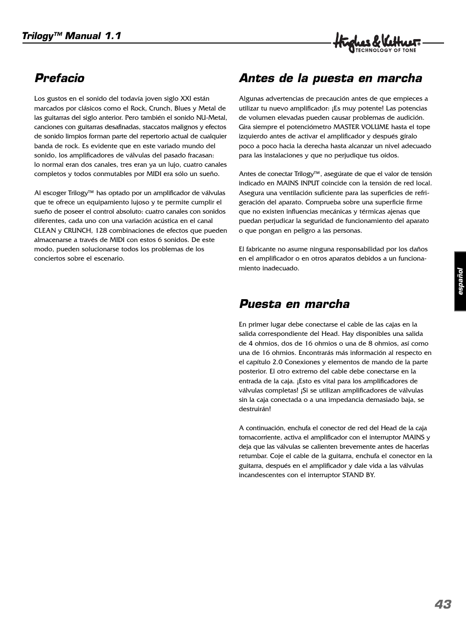 Prefacio, Antes de la puesta en marcha, Puesta en marcha | Hughes & Kettner TrilogyTM User Manual | Page 43 / 56