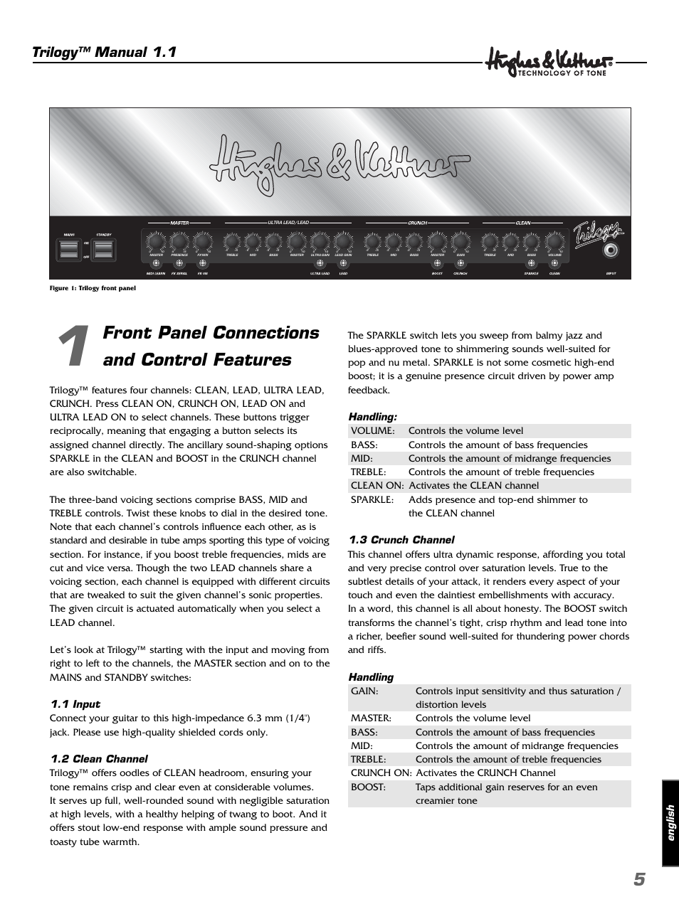 Front panel connections and control features, Trilogy™ manual 1.1, English | Hughes & Kettner TrilogyTM User Manual | Page 5 / 56