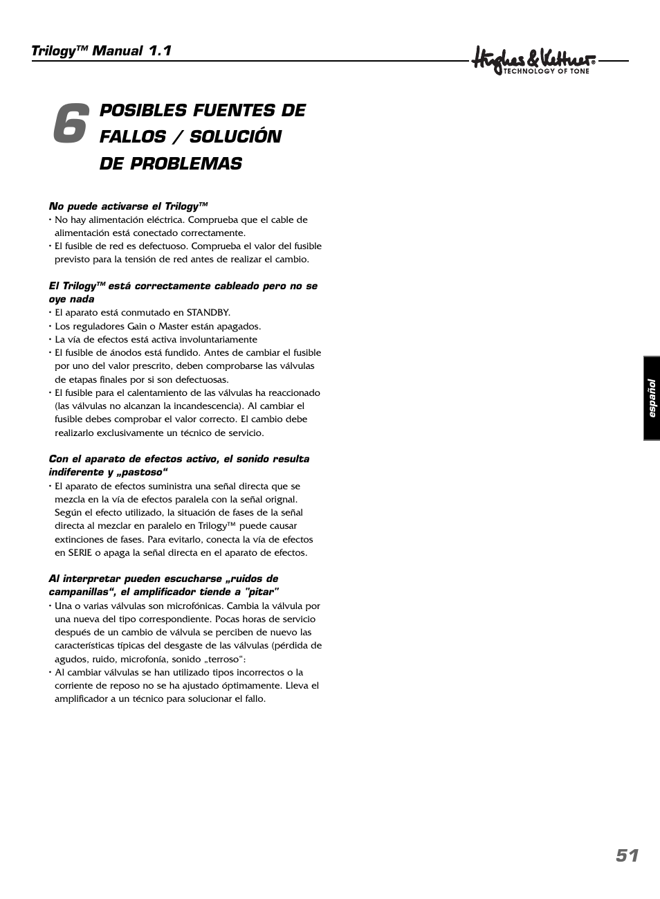 Posibles fuentes de fallos / solución de problemas | Hughes & Kettner TrilogyTM User Manual | Page 51 / 56