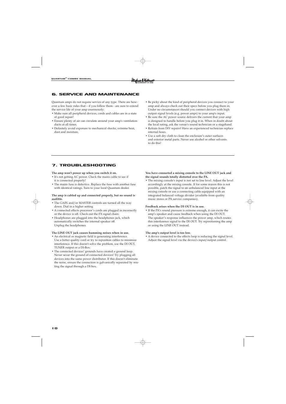 Troubleshooting, Service and maintenance | Hughes & Kettner Quantaum Combos QC 412 User Manual | Page 10 / 48