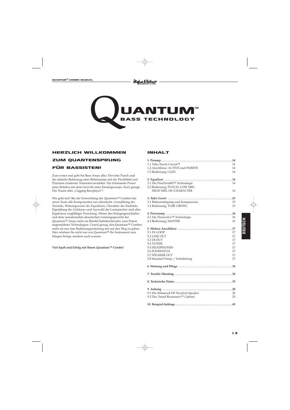 Inhalt | Hughes & Kettner Quantaum Combos QC 412 User Manual | Page 13 / 48