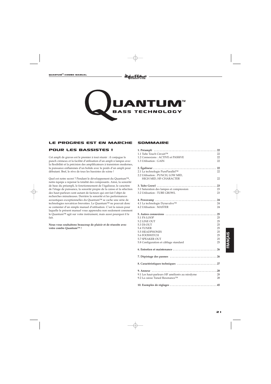 Le progres est en marche pour les bassistes, Sommaire | Hughes & Kettner Quantaum Combos QC 412 User Manual | Page 21 / 48