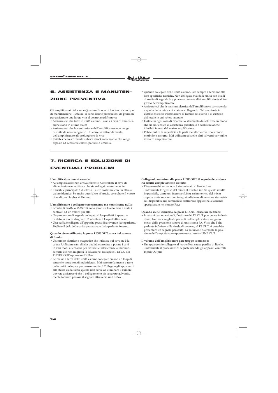 Ricerca e soluzione di eventuali problemi, Assistenza e manuten- zione preventiva | Hughes & Kettner Quantaum Combos QC 412 User Manual | Page 34 / 48