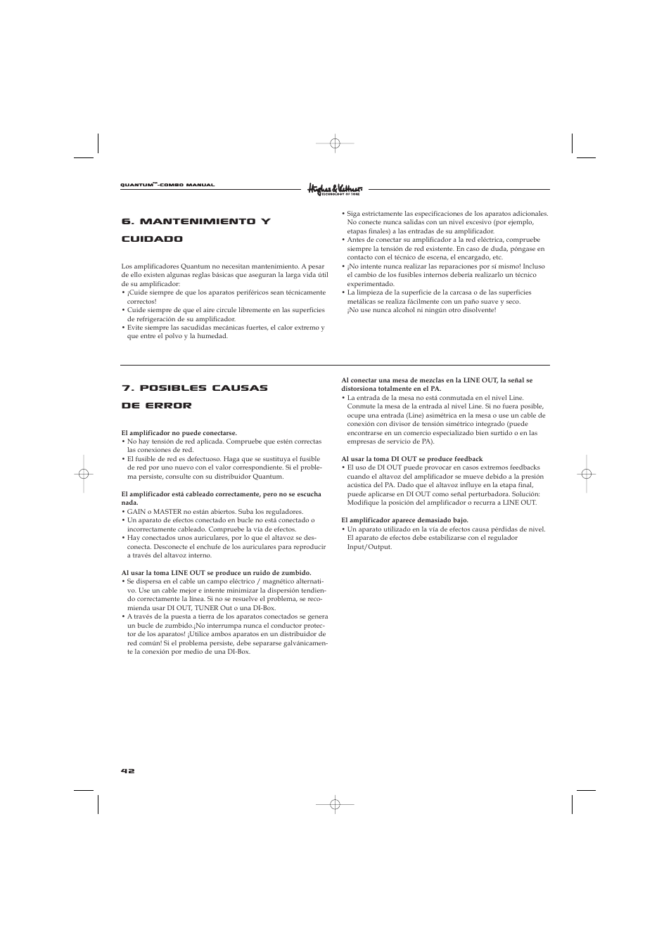 Posibles causas de error, Mantenimiento y cuidado | Hughes & Kettner Quantaum Combos QC 412 User Manual | Page 42 / 48