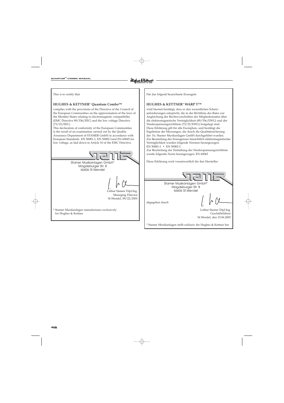 Hughes & Kettner Quantaum Combos QC 412 User Manual | Page 46 / 48