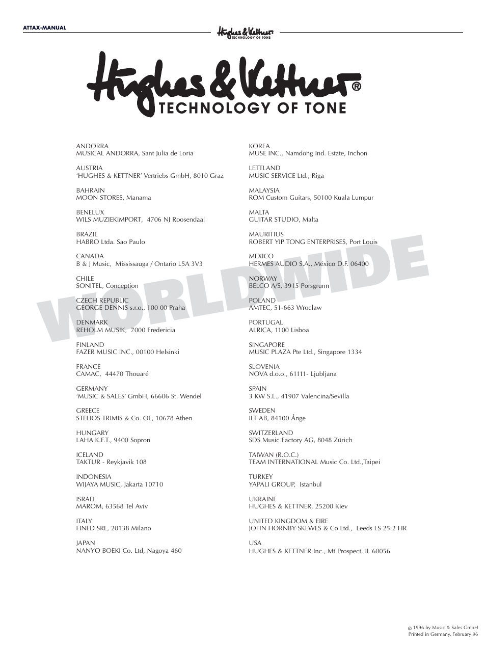 World wide | Hughes & Kettner ATTAX 100 User Manual | Page 48 / 48