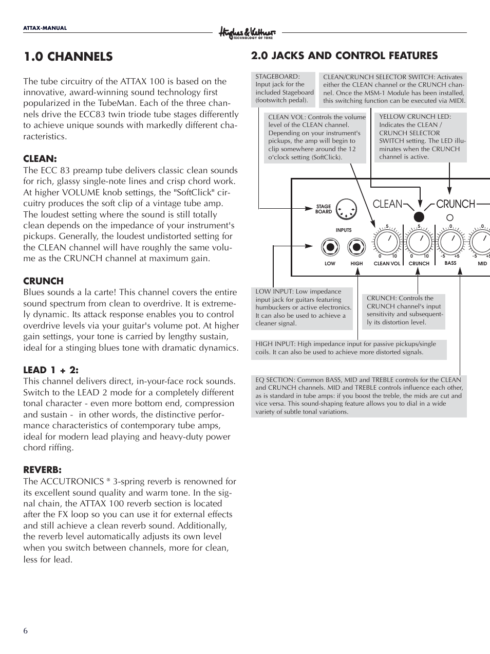 0 channels, Crunch clean crunch, 0 jacks and control features | Hughes & Kettner ATTAX 100 User Manual | Page 6 / 48