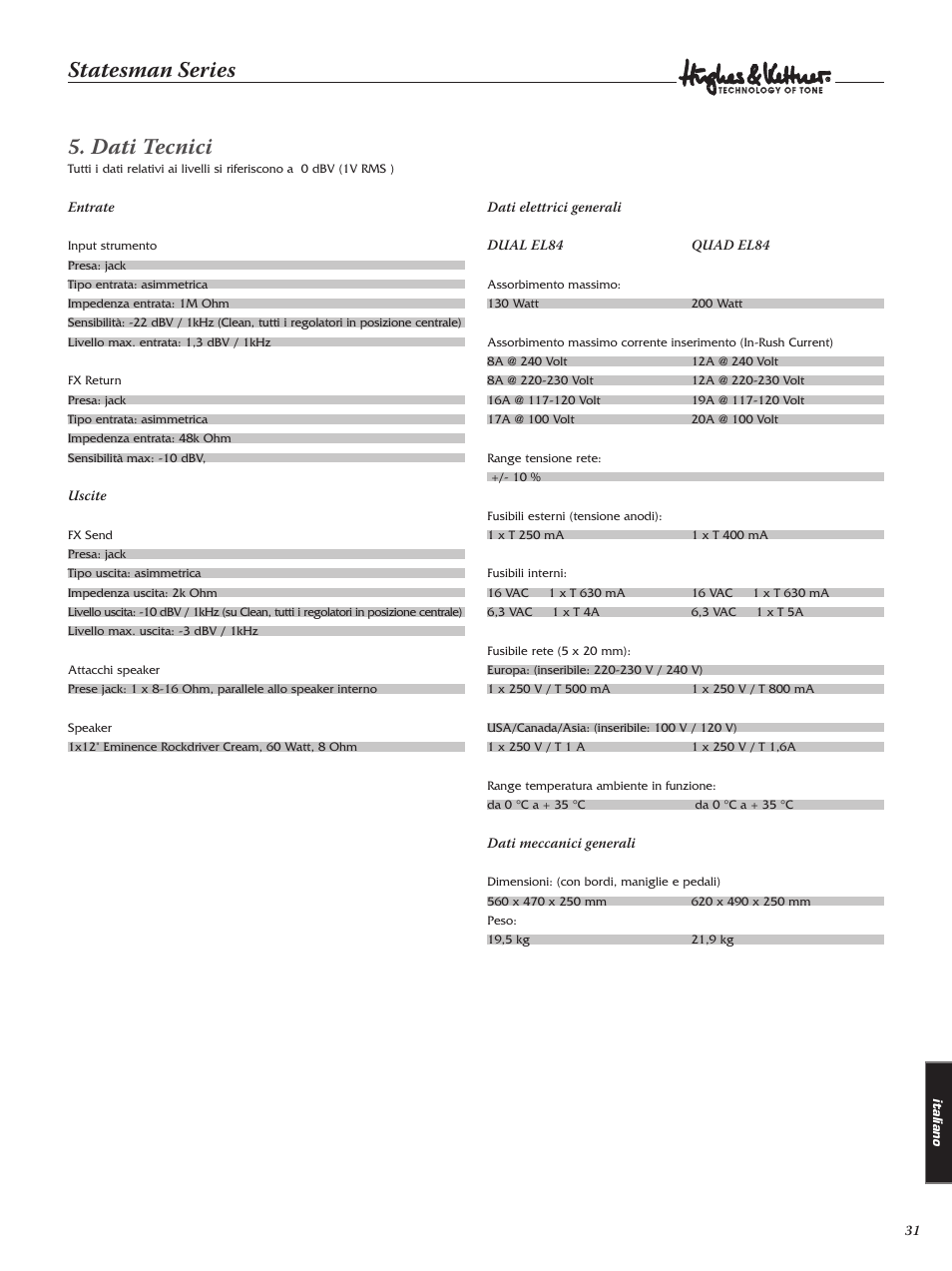 Statesman series, Dati tecnici | Hughes & Kettner Statesman QUAD EL84 User Manual | Page 31 / 36