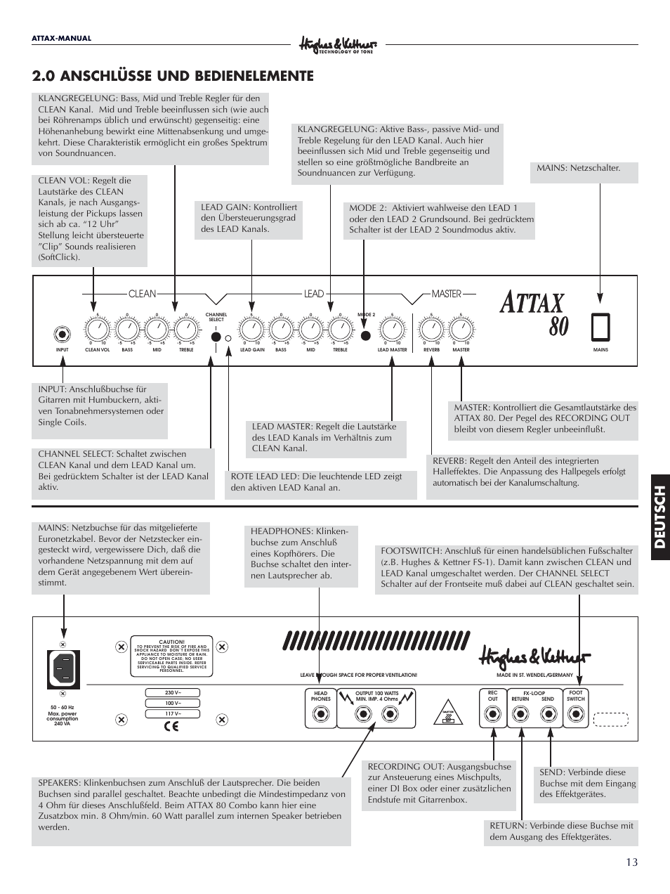 Deutsch 2.0 anschlüsse und bedienelemente, Lead clean, Master | Hughes & Kettner Attax 80 User Manual | Page 13 / 36