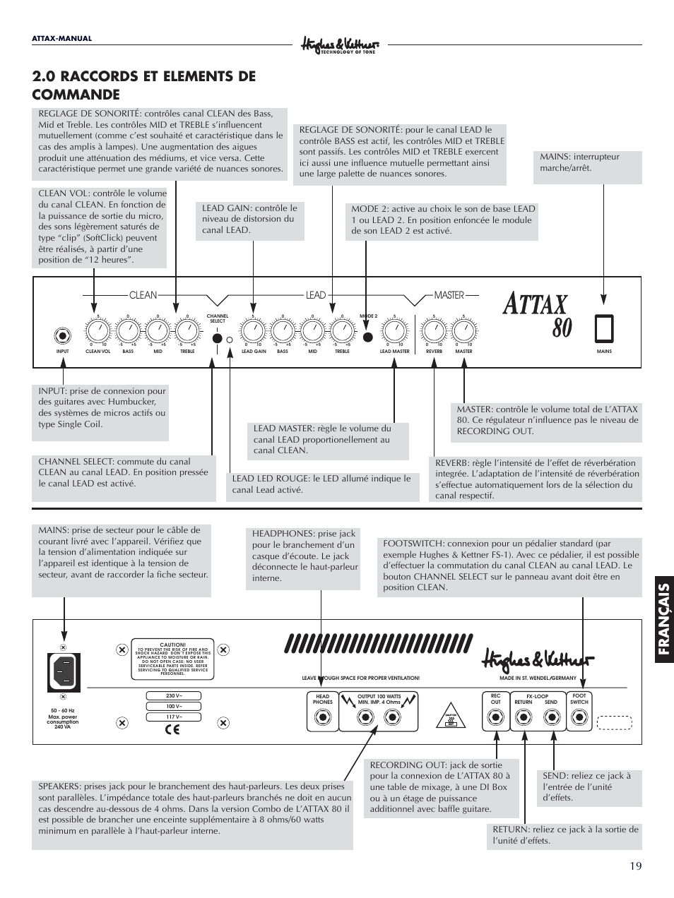Français 2.0 raccords et elements de commande, Lead clean, Master | Hughes & Kettner Attax 80 User Manual | Page 19 / 36