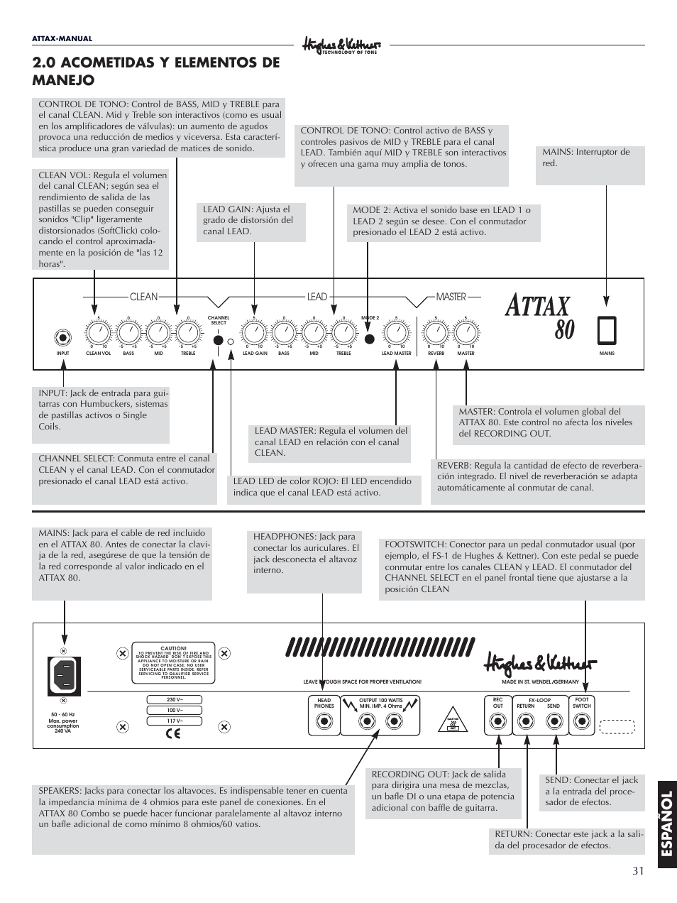 Esp añol 2.0 acometidas y elementos de manejo, Lead clean, Master | Hughes & Kettner Attax 80 User Manual | Page 31 / 36