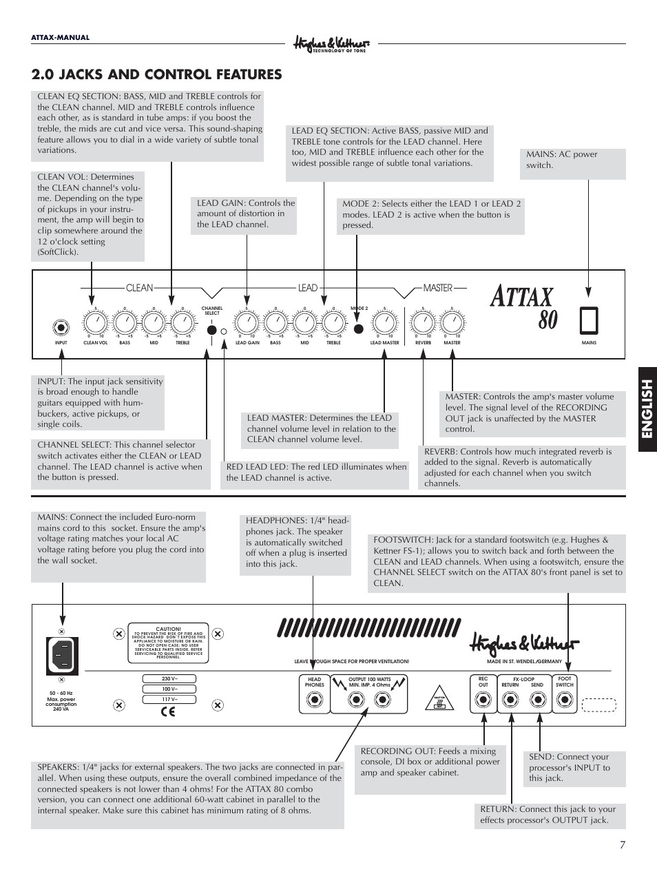 English 2.0 jacks and control features, Lead clean, Master | Hughes & Kettner Attax 80 User Manual | Page 7 / 36