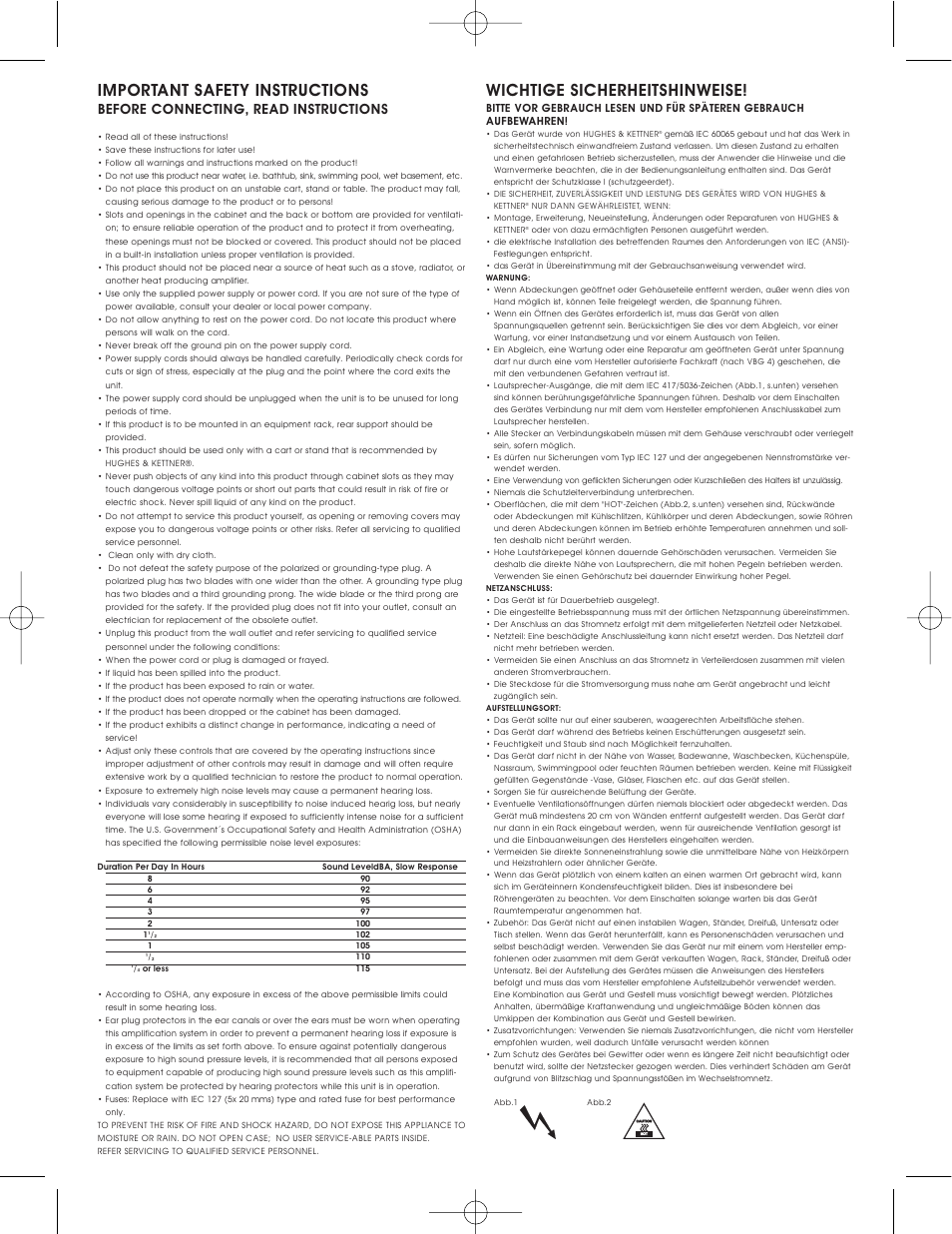 Important safety instructions, Wichtige sicherheitshinweise, Before connecting, read instructions | Hughes & Kettner warp x 117V modell User Manual | Page 2 / 32