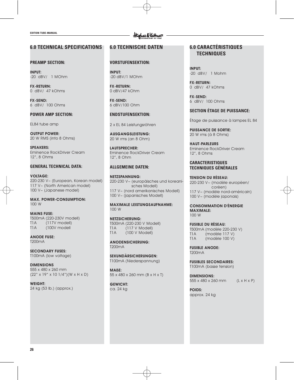 0 technical specifications, 0 technische daten, 0 caractéristiques techniques | Hughes & Kettner warp x 117V modell User Manual | Page 26 / 32