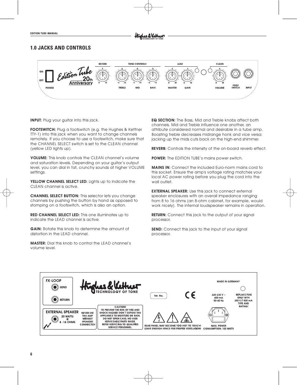 0 jacks and controls | Hughes & Kettner warp x 117V modell User Manual | Page 6 / 32