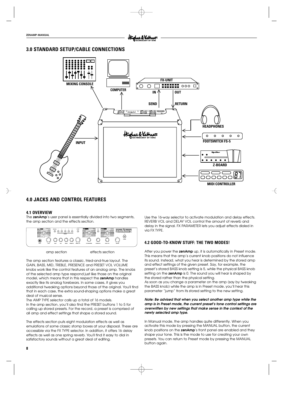 1 overview, 2 good-to-know stuff: the two modes, Power | Brit hi gain | Hughes & Kettner ZenAmp User Manual | Page 5 / 13