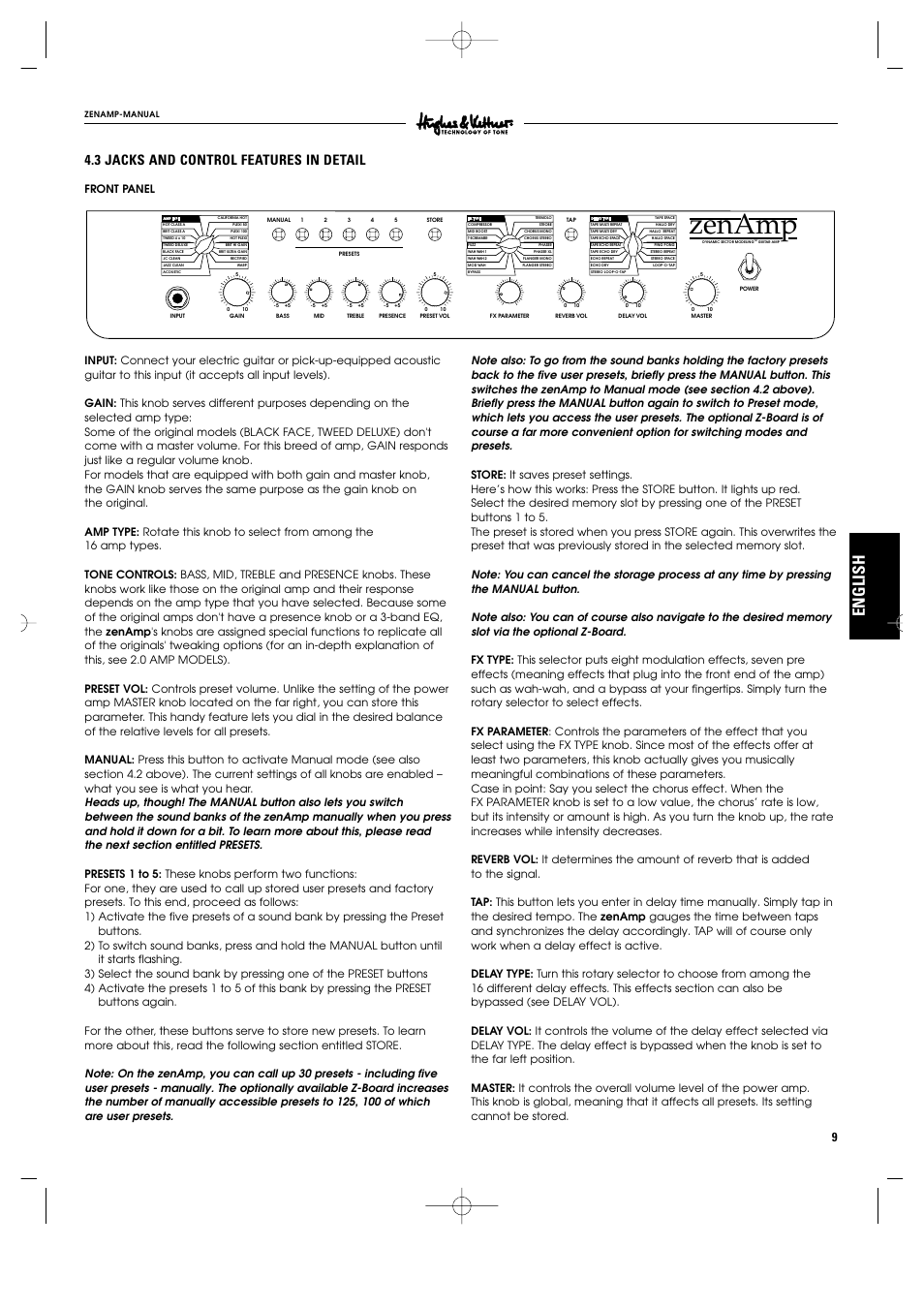 Zenamp, English, 3 jacks and control features in detail | Hughes & Kettner ZenAmp User Manual | Page 6 / 13