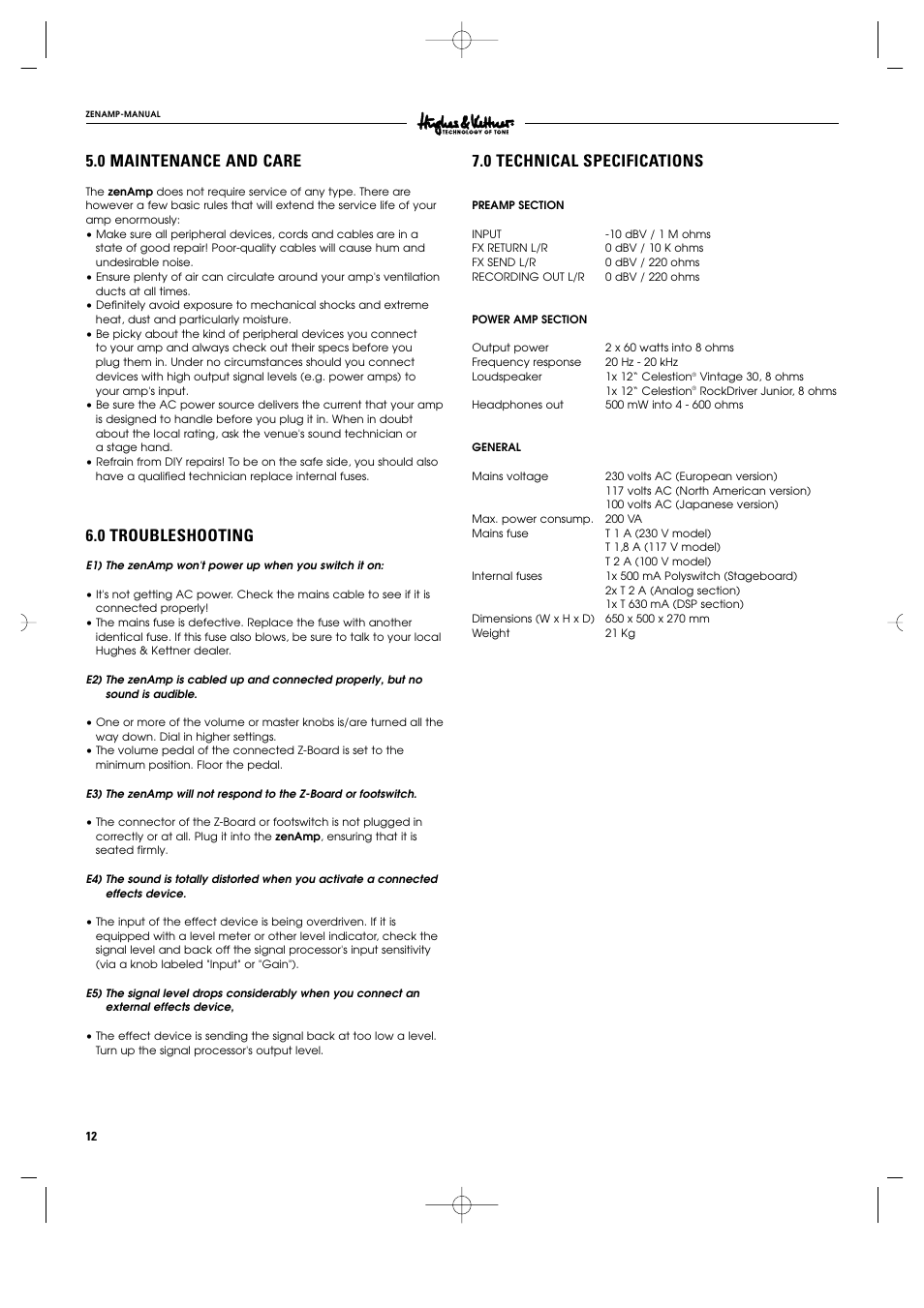 0 maintenance and care, 0 troubleshooting, 0 technical specifications | Hughes & Kettner ZenAmp User Manual | Page 9 / 13