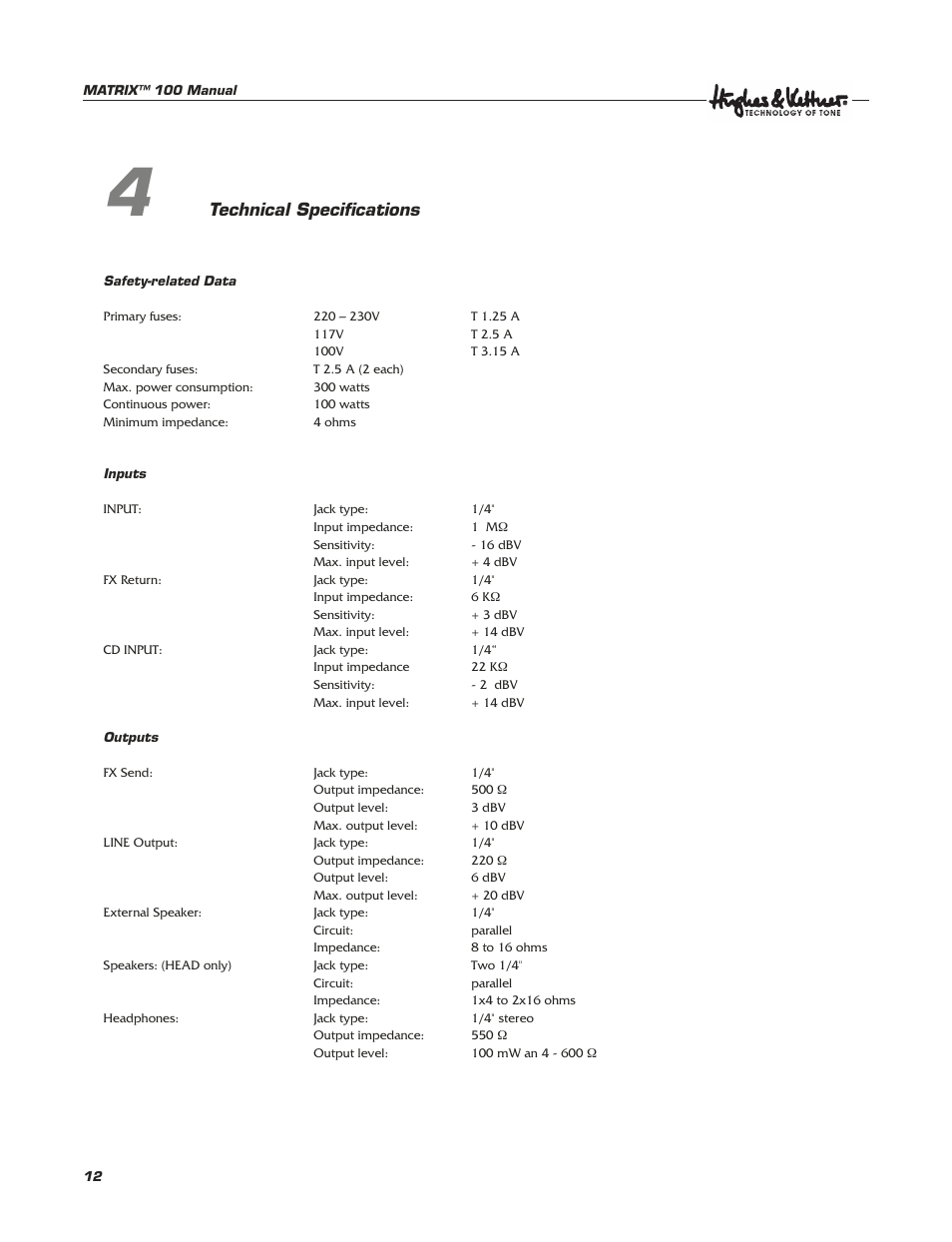 Technical specifi cations | Hughes & Kettner Matrix 100 User Manual | Page 12 / 32