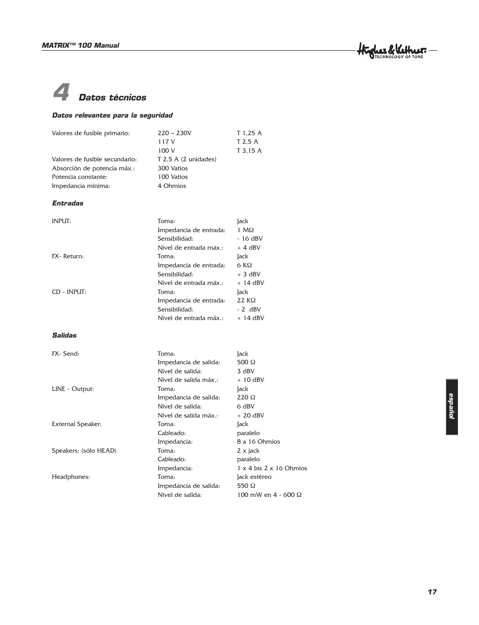 Datos técnicos | Hughes & Kettner Matrix 100 User Manual | Page 17 / 32