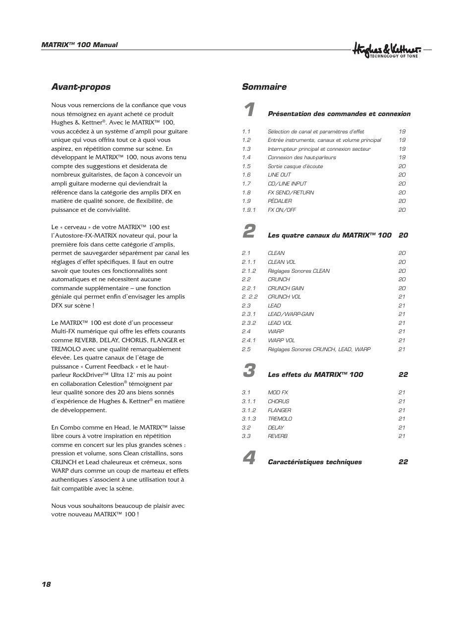 Avant-propos, Sommaire | Hughes & Kettner Matrix 100 User Manual | Page 18 / 32