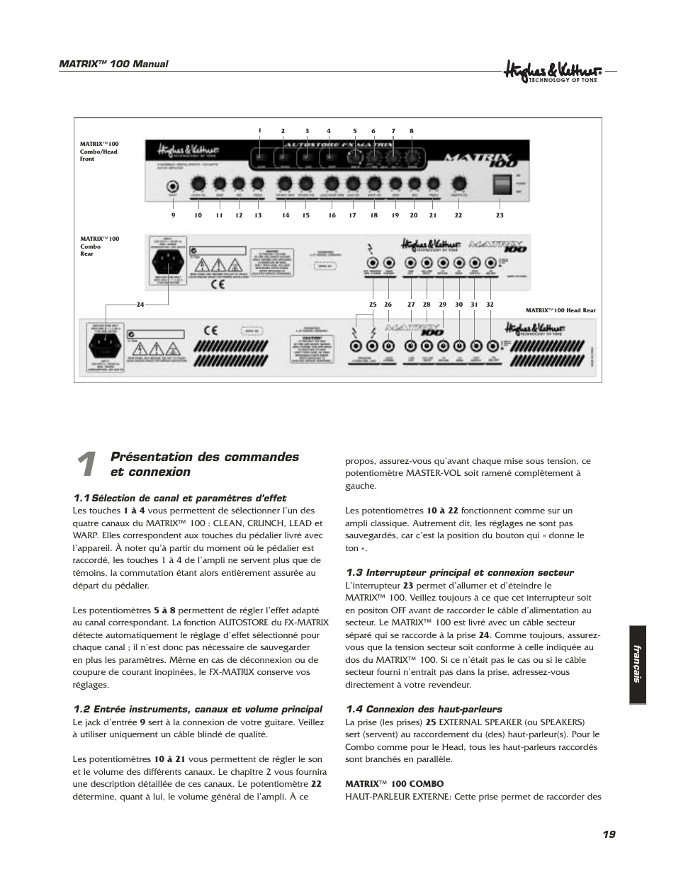 Présentation des commandes et connexion | Hughes & Kettner Matrix 100 User Manual | Page 19 / 32
