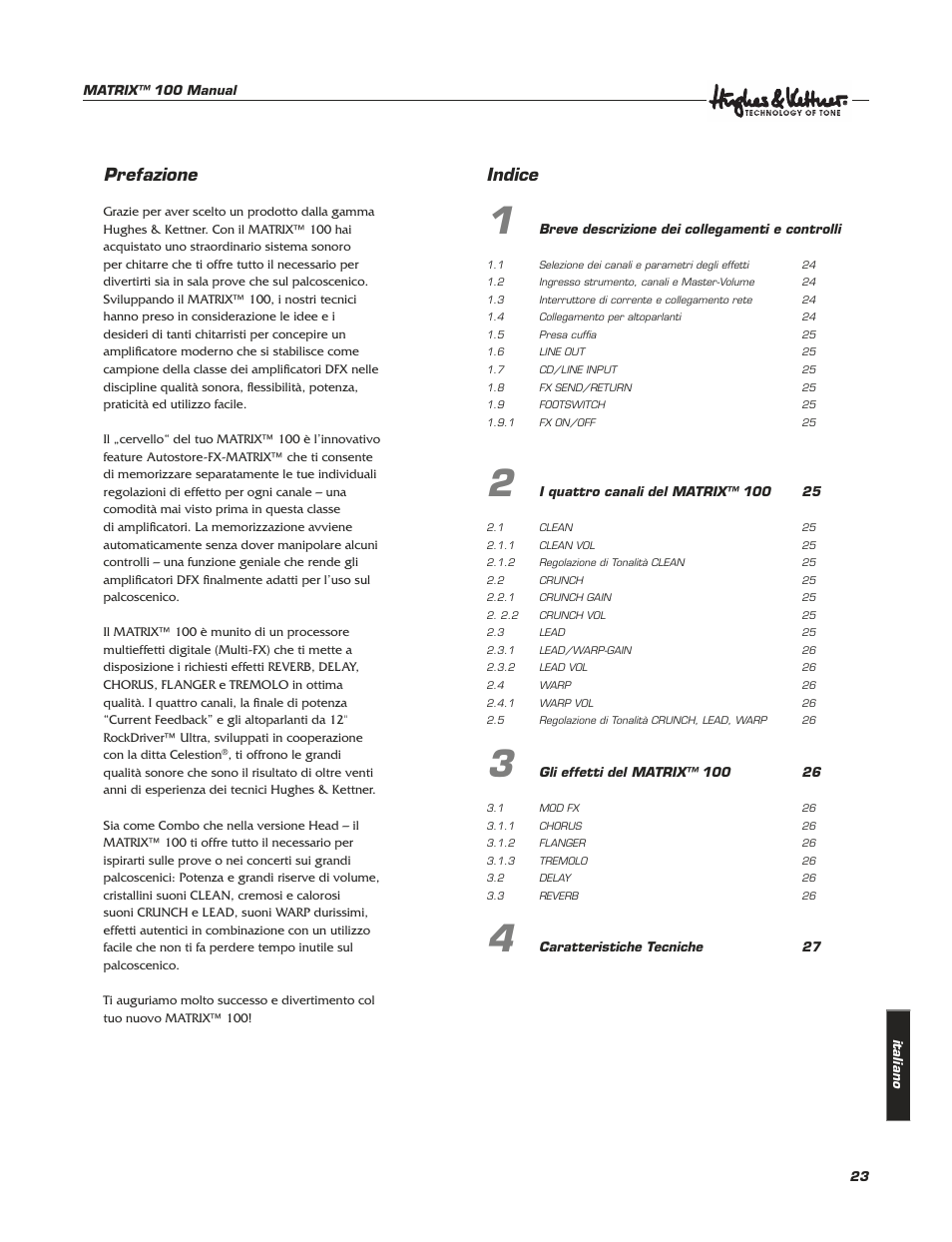 Prefazione, Indice | Hughes & Kettner Matrix 100 User Manual | Page 23 / 32