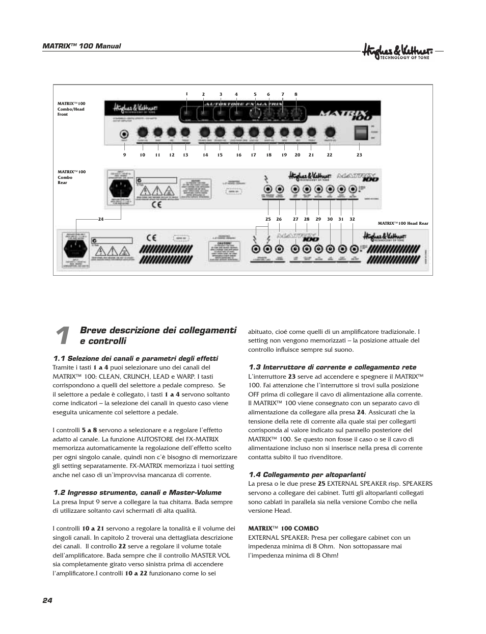 Breve descrizione dei collegamenti e controlli | Hughes & Kettner Matrix 100 User Manual | Page 24 / 32