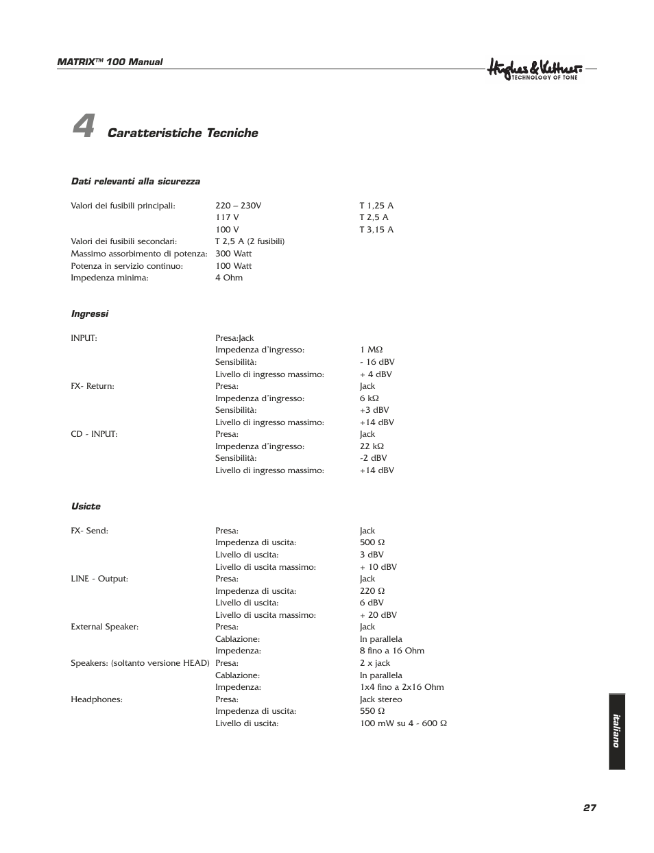 Caratteristiche tecniche | Hughes & Kettner Matrix 100 User Manual | Page 27 / 32