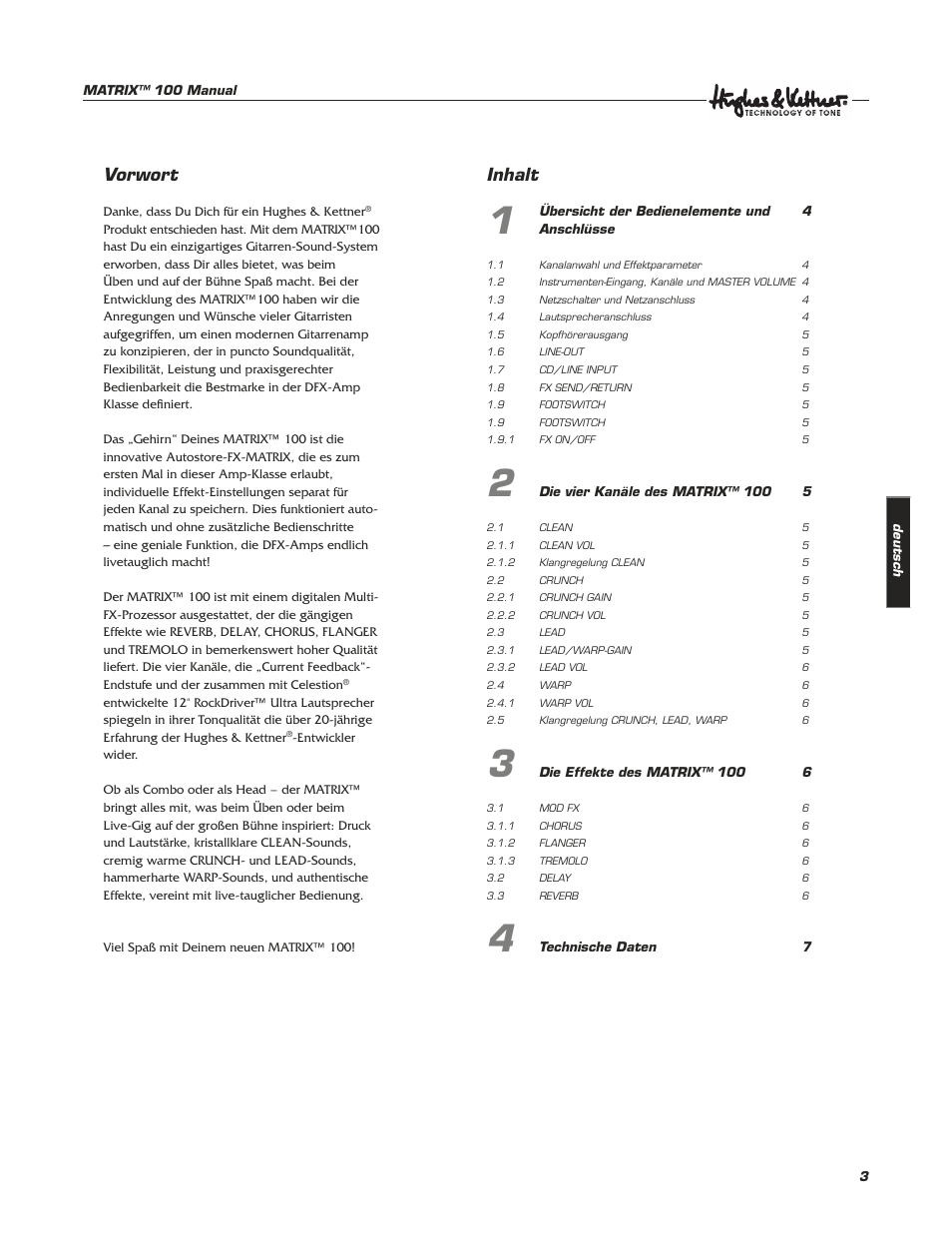 Vorwort, Inhalt | Hughes & Kettner Matrix 100 User Manual | Page 3 / 32