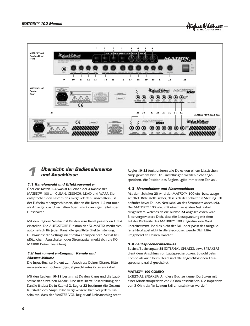 Übersicht der bedienelemente und anschlüsse | Hughes & Kettner Matrix 100 User Manual | Page 4 / 32