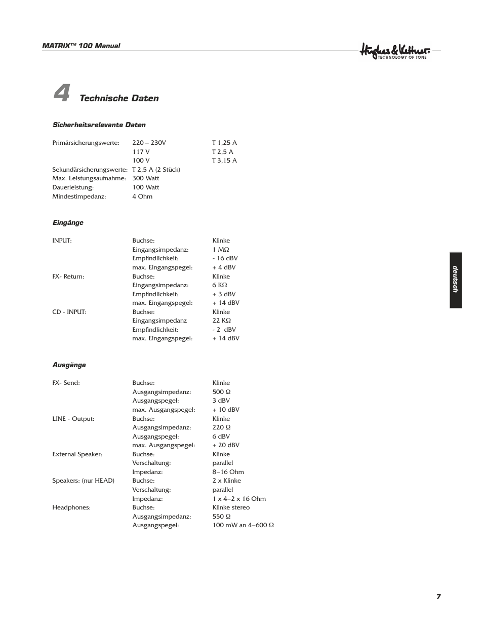 Technische daten | Hughes & Kettner Matrix 100 User Manual | Page 7 / 32