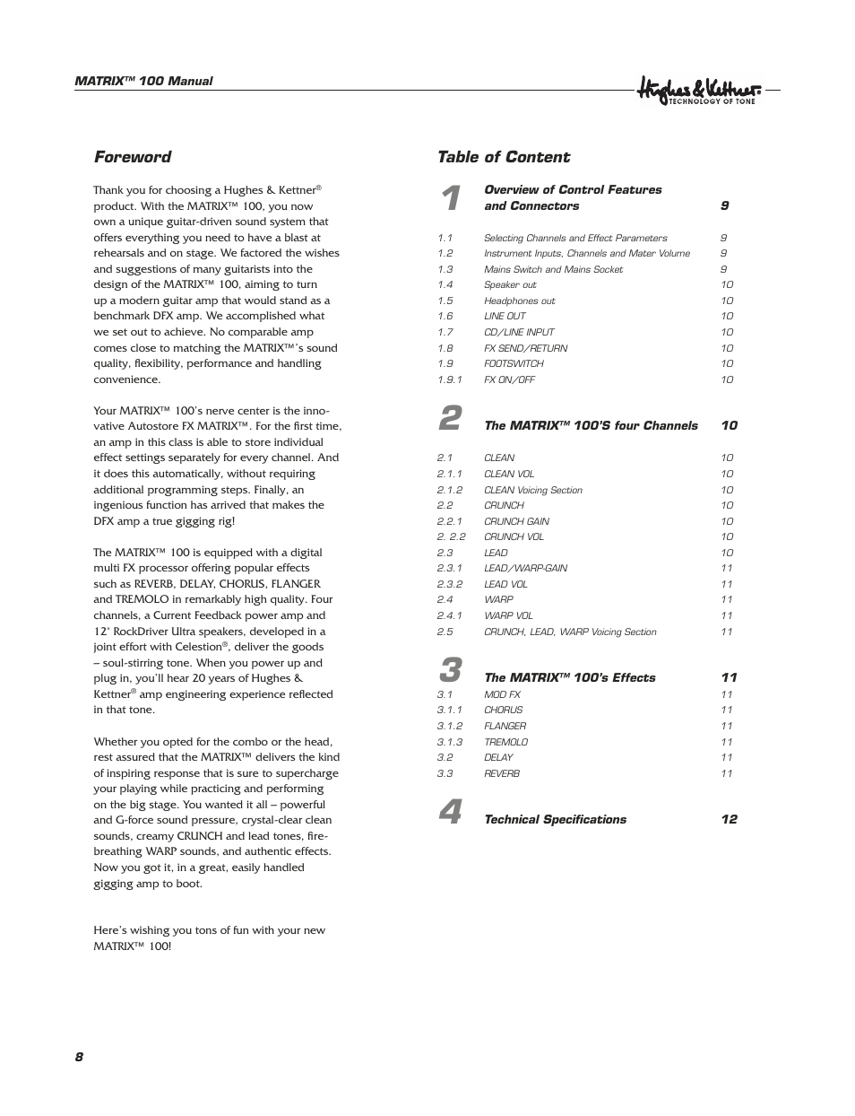 Foreword, Table of content | Hughes & Kettner Matrix 100 User Manual | Page 8 / 32