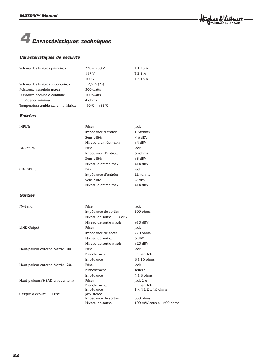 Caractéristiques techniques | Hughes & Kettner 100 Combo User Manual | Page 22 / 32