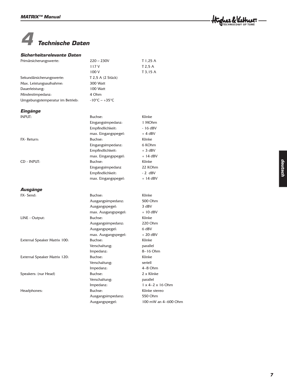 Technische daten | Hughes & Kettner 100 Combo User Manual | Page 7 / 32